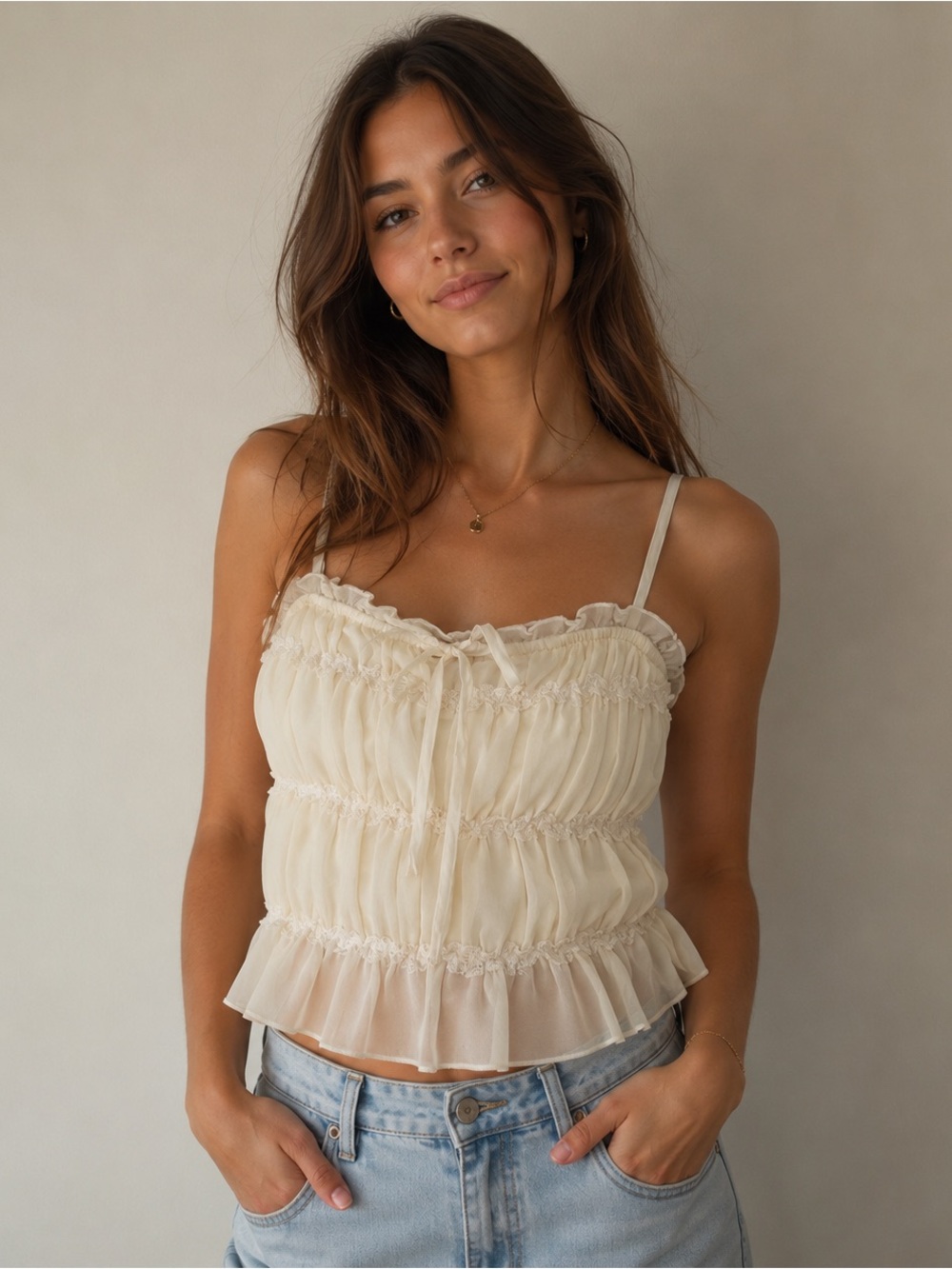 NWT Thirty/Thirty Ivory Ruffle Chiffon Crop Cami Top Medium